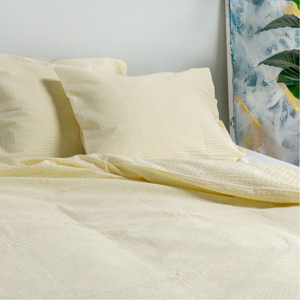 Seersucker Bettwäsche „Kora Yellow“. Bettwäsche Baumwolle, 135/140x200 cm, 200x200 cm, 200x220 cm, 220x240 cm