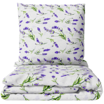 Bettwäsche Doppelbett "Lavender Breeze". Bettwäsche mit Pflanzen, 200x200 cm, 200x220 cm. Weißes bettwäsche-set mit muster aus violettem lavendel und grünen stielen
