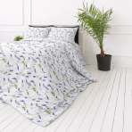 Bettwäsche Doppelbett "Lavender Breeze". Bettwäsche mit Pflanzen, 200x200 cm, 200x220 cm. Weißes bettwäsche-set mit violettem lavendel und grünen blättern