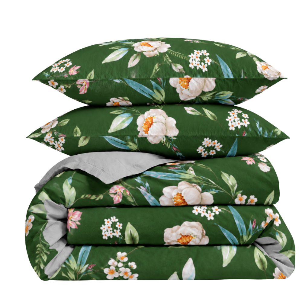 Bettwäsche Doppelbett "Liana". Biber Bettwäsche, 200x200 cm, 200x220 cm. Dunkelgrünes bettwäsche-set mit sanften cremefarbenen blumenmotiven. Bettwäsche Doppelbett "Liana". Biber Bettwäsche, 200x200 cm, 200x220 cm. Dunkelgrünes bettwäsche-set mit sanften cremefarbenen blumenmotiven.
