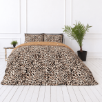 Bettwäsche Doppelbett "Roar". Biber Bettwäsche, 200x200 cm, 200x220 cm. Leoparden-bettwäsche mit brauner rückseite und weißen kreismotiven.