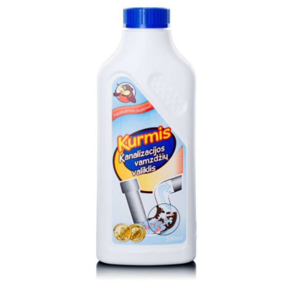Abflussreiniger Flüssigkeit "Kurmis liquid 500 ml". Reinigungsmittel. Kurmis rohrreiniger in flüssiger form, effektiv bei der beseitigung von verstopfungen und ablagerungen in abwasserrohren.
