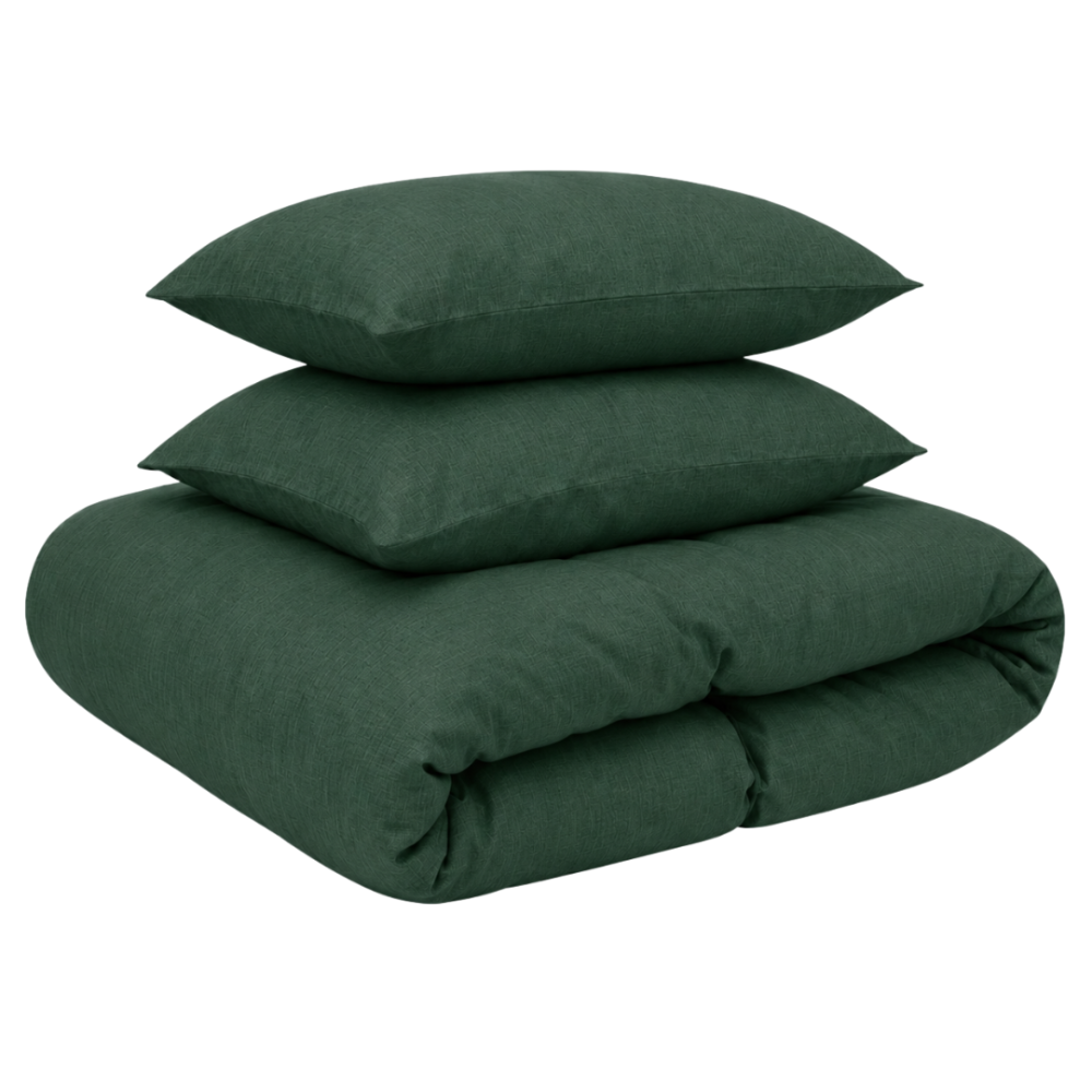 Leinen bettwäsche "Linen Dark Green". Bettwäsche 150x200, 135/140x200 cm, 150x200 cm, 155/160x200 cm, 180x200 cm, 200x200 cm, 200x220 cm, 220x240 cm. Bett belegt mit dunkelgrüner leinenbettwäsche und zwei kissen in hellem interieur. Leinen bettwäsche "Linen Dark Green". Bettwäsche 150x200, 135/140x200 cm, 150x200 cm, 155/160x200 cm, 180x200 cm, 200x200 cm, 200x220 cm, 220x240 cm. Bett belegt mit dunkelgrüner leinenbettwäsche und zwei kissen in hellem interieur.