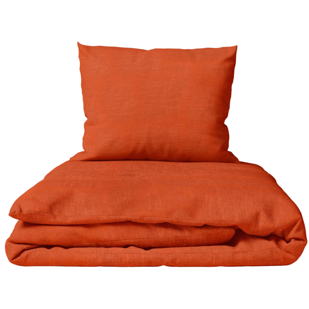 Leinen bettwäsche "Linen Orange". Leinen Bettwäsche, 135/140x200 cm, 200x200 cm, 200x220 cm, 220x240 cm. Intensiv orangefarbener leinenbettbezug und kissenbezüge ohne muster.