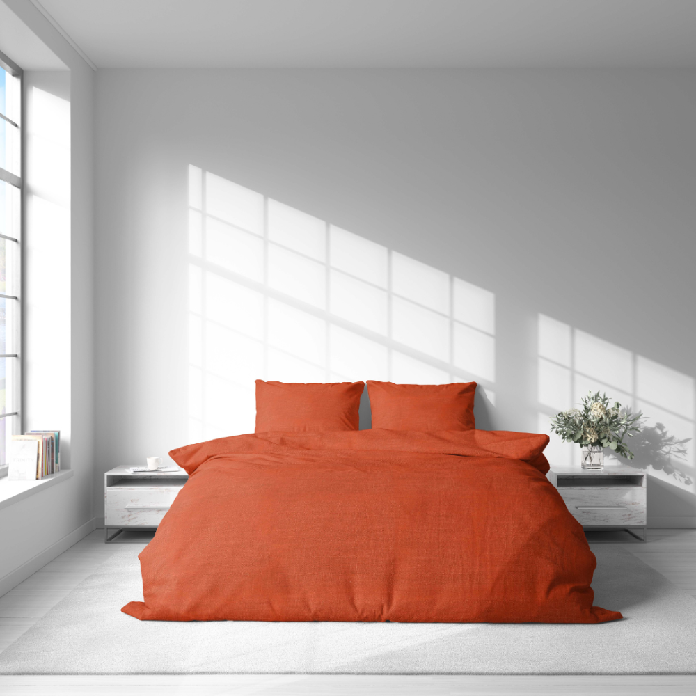 Leinen bettwäsche "Linen Orange". Leinen Bettwäsche, 135/140x200 cm, 200x200 cm, 200x220 cm, 220x240 cm. Mattes finish des stoffes im orangen leinenbettwäsche-set.