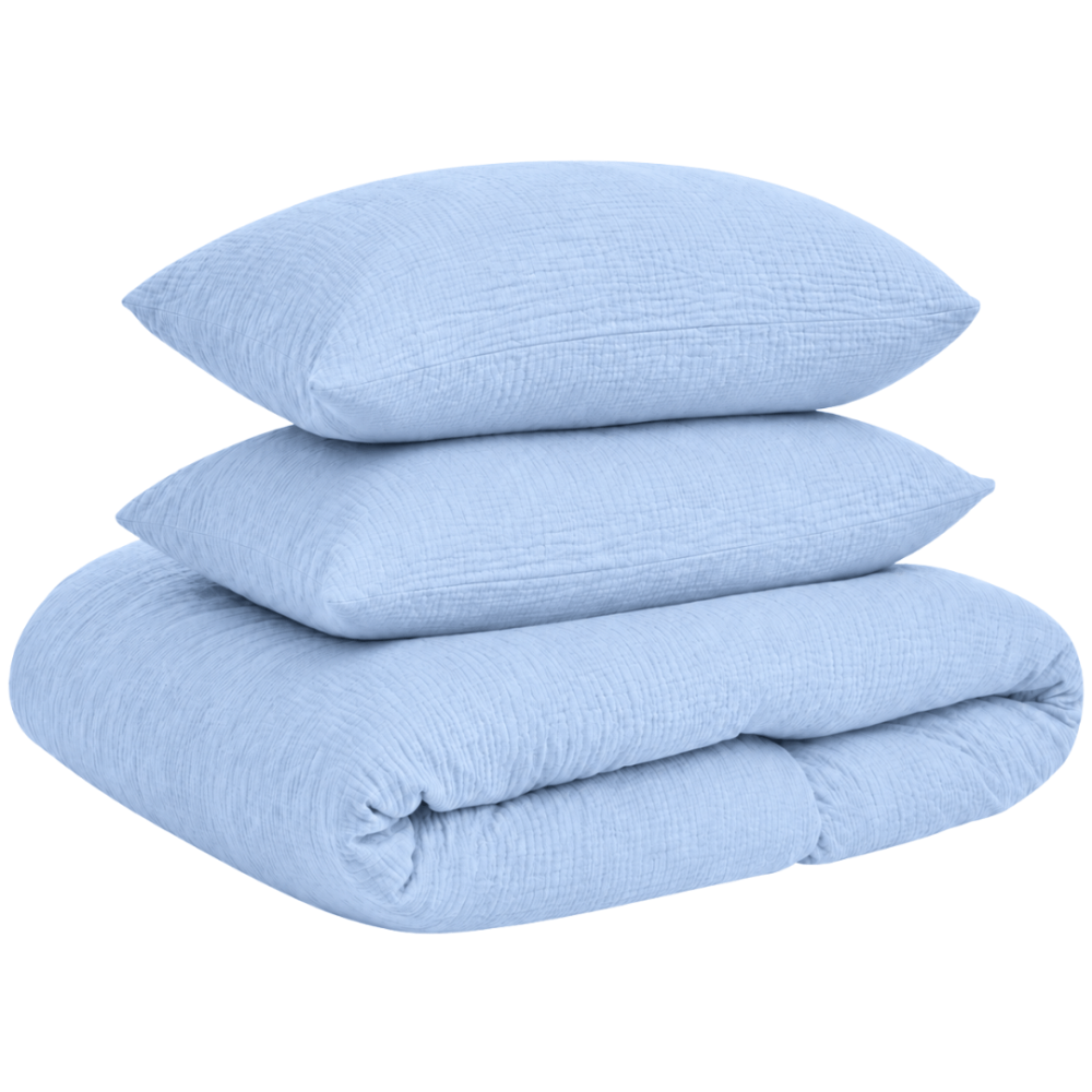 Musselin Bettwäsche set "Blue muslin". Bettwäsche sets, 135/140x200 cm, 150x200 cm, 155/160x200 cm. Einfarbiges hellblaues bettwäsche-set mit feiner knitterstruktur. Musselin Bettwäsche set "Blue muslin". Bettwäsche sets, 135/140x200 cm, 150x200 cm, 155/160x200 cm. Einfarbiges hellblaues bettwäsche-set mit feiner knitterstruktur.