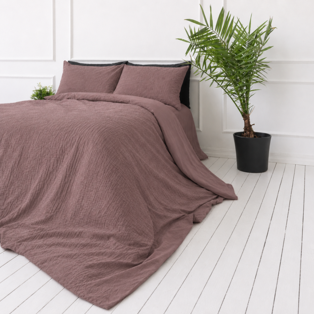 Musselin Bettwäsche set "Brown muslin". Bettwäsche einfarbig, 200x200 cm, 200x220 cm. Einfarbiges warmbraunes bettwäsche-set mit dezenter struktur