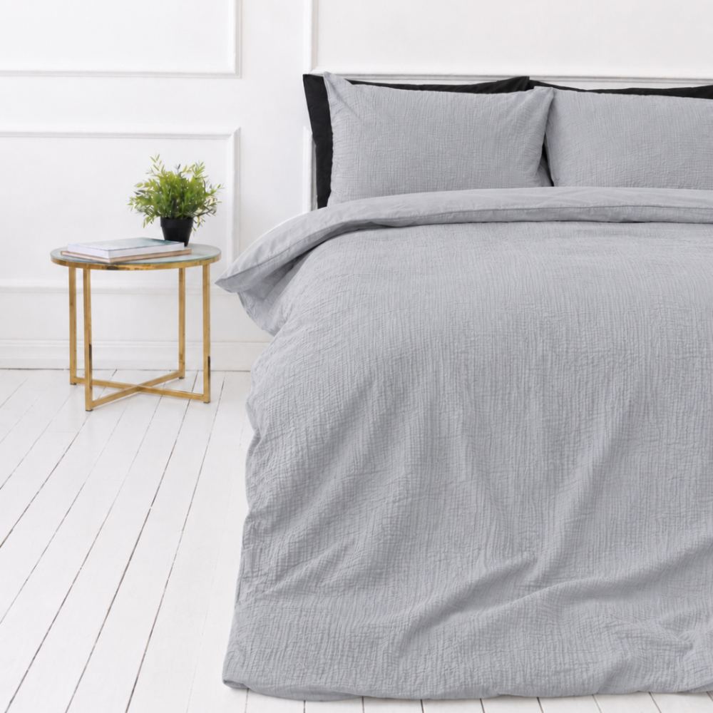 Musselin Bettwäsche set "Grey muslin". Bettwäsche einfarbig, 200x200 cm, 200x220 cm. Einfarbig silbergraue bettwäsche aus strukturiertem musselin