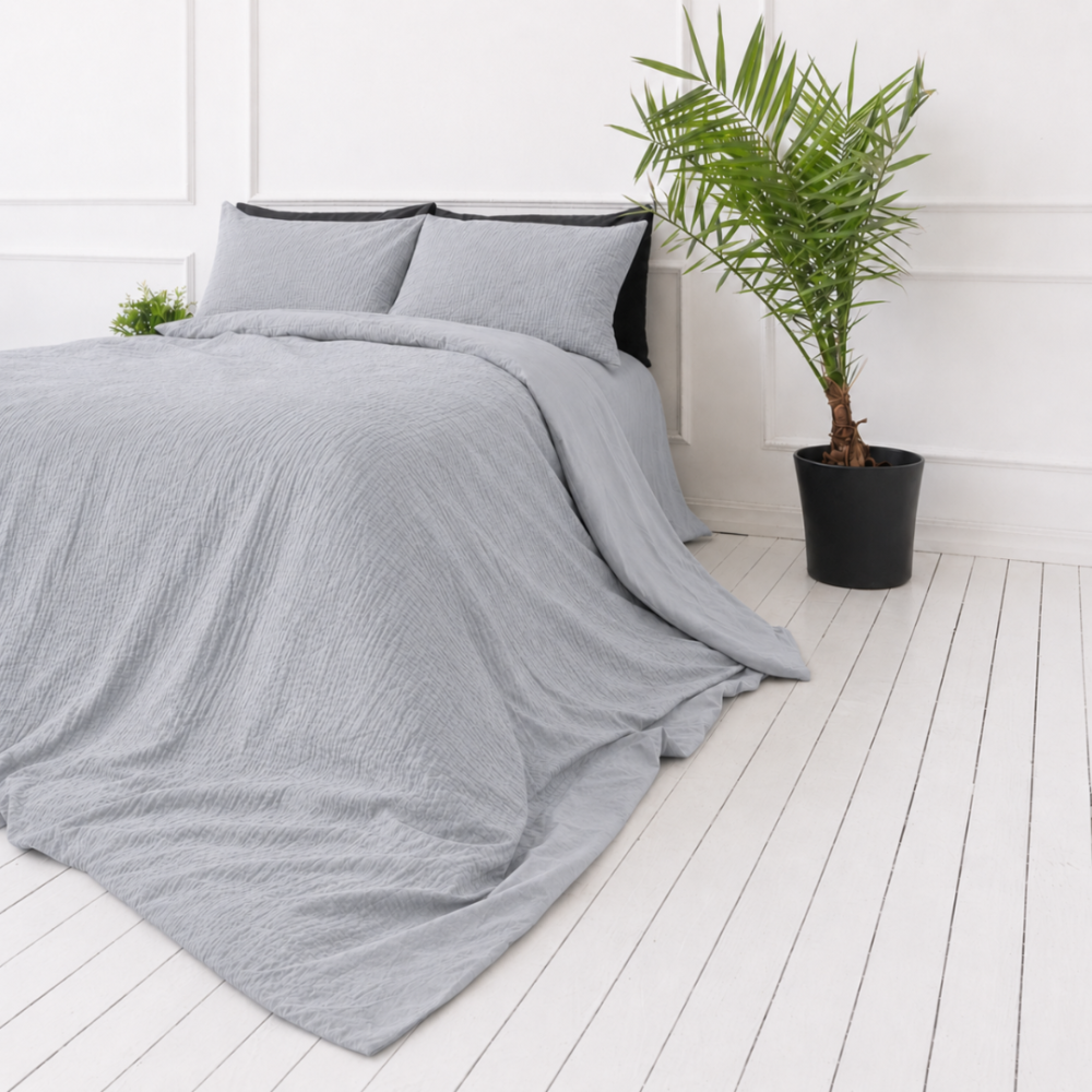 Musselin Bettwäsche set "Grey muslin". Bettwäsche einfarbig, 200x200 cm, 200x220 cm. Sanft graues bettwäsche-set mit natürlich gekreppter oberfläche