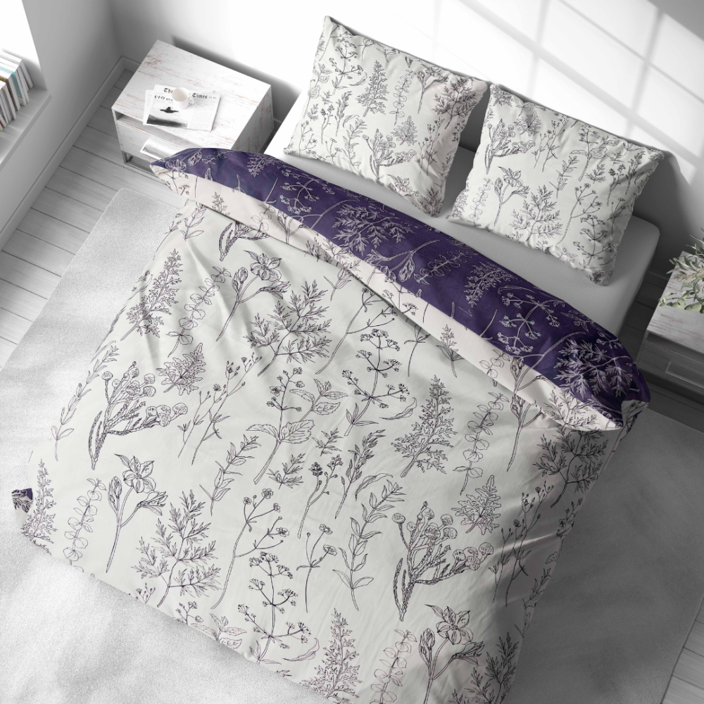 Bettwäsche set "Alkali". Bettwäsche 140x200, 135/140x200 cm, 200x200 cm, 200x220 cm. Designer‑botanikmuster mit linearen blumenzeichnungen in tiefem violett.