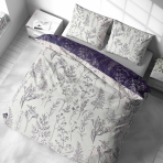 Bettwäsche set "Alkali". Bettwäsche 140x200, 135/140x200 cm, 200x200 cm, 200x220 cm. Designer‑botanikmuster mit linearen blumenzeichnungen in tiefem violett.