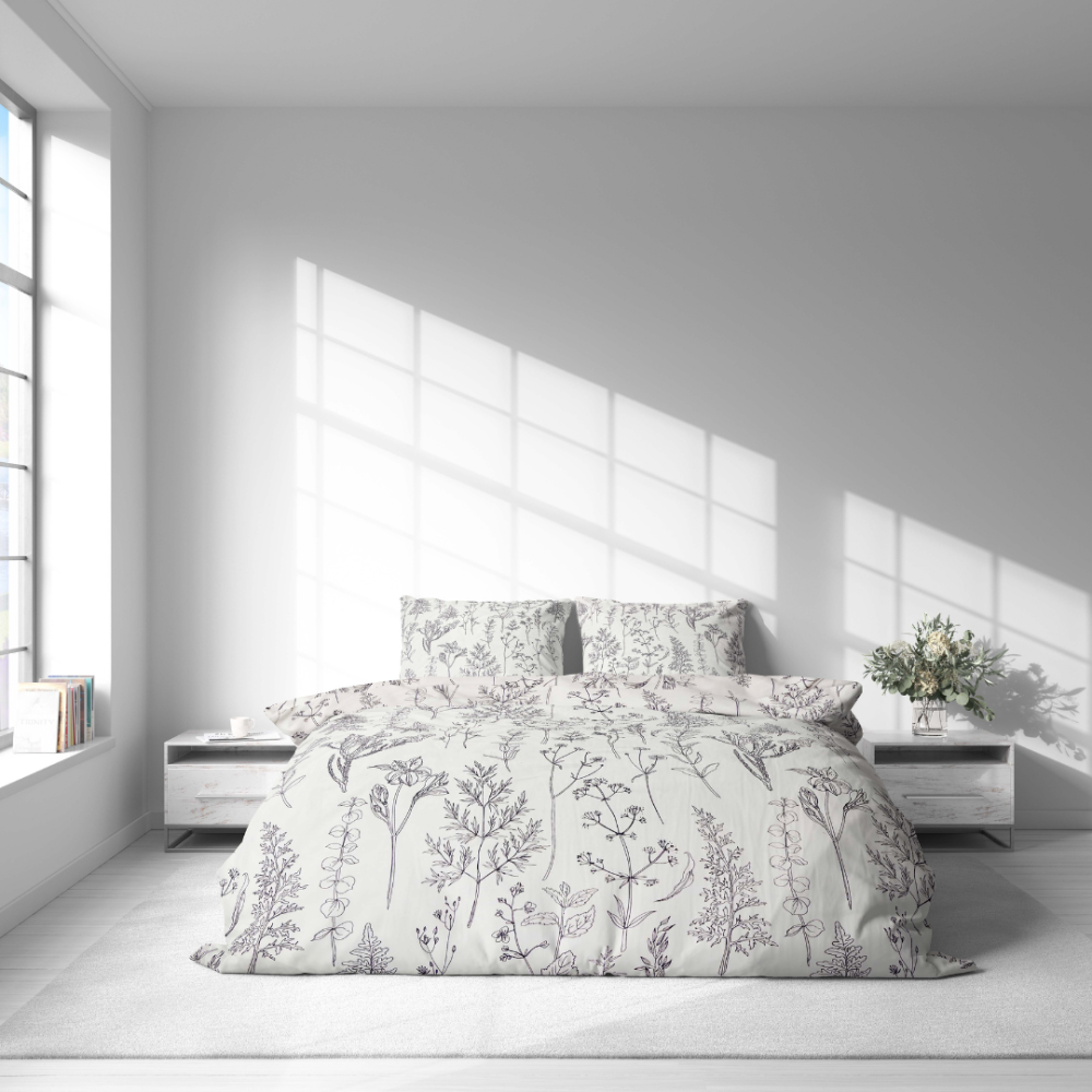 Bettwäsche set "Alkali". Lila Bettwäsche, 135/140x200 cm, 200x200 cm, 200x220 cm. Bettwäsche‑set mit stilisierten blumen‑ und pflanzen‑skizzen auf dunklem violettem hintergrund.