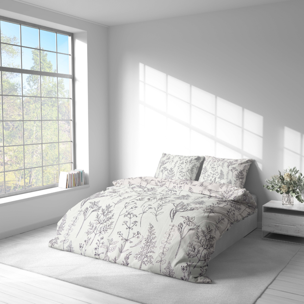 Bettwäsche set "Alkali". Lila Bettwäsche, 135/140x200 cm, 200x200 cm, 200x220 cm. Decke und kissenbezüge mit minimalistischem botanischem linienmuster in dunkelviolett.