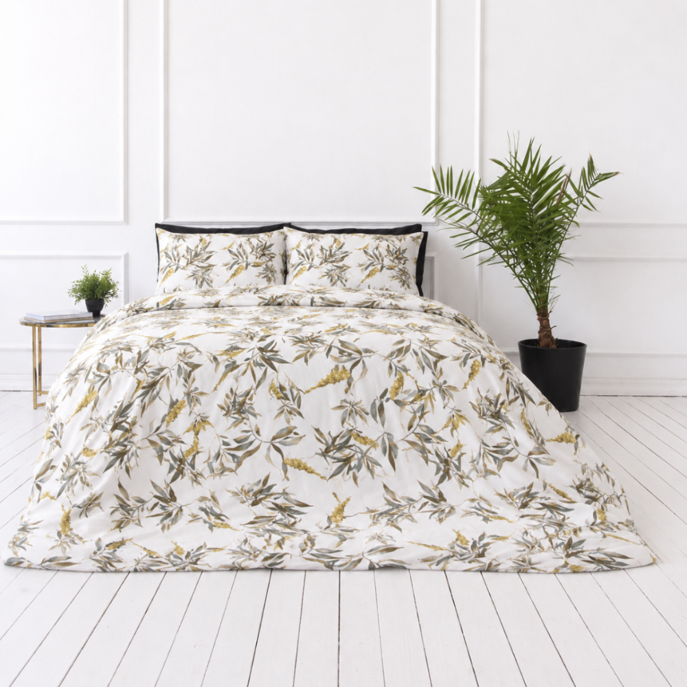 Bettwäsche set "Auric". Bettwäsche 155x200, 135/140x200 cm, 150x200 cm, 155/160x200 cm, 180x200 cm, 200x200 cm, 200x220 cm. Cremefarbenes bettwäsche-set mit dezentem pflanzenmotiv.