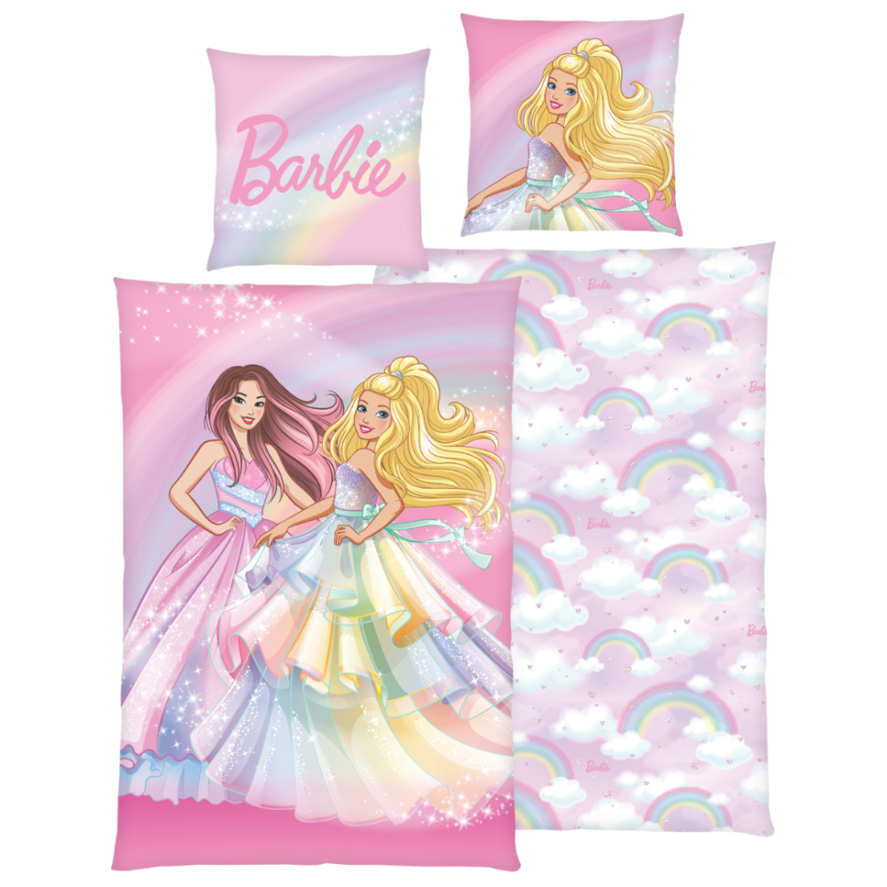 Bettwäsche set "Barbie". Kinderbettwäsche, 135x200 cm. Rosa bettwäsche-set mit barbie, ihrer freundin und glitzernden details. Bettwäsche set "Barbie". Kinderbettwäsche, 135x200 cm. Rosa bettwäsche-set mit barbie, ihrer freundin und glitzernden details.