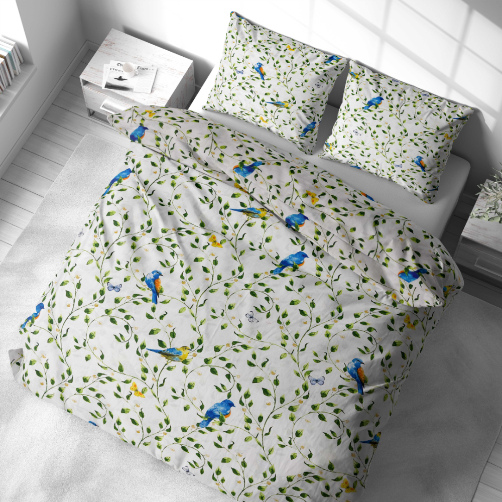Bettwäsche set "Birds in Bloom". Bettwäsche Baumwolle, 135/140x200 cm, 200x200 cm, 200x220 cm, 220x240 cm. Bettwäscheset mit schönen vögeln und pflanzenmotiven, ideal für liebhaber der natur und der ruhe.