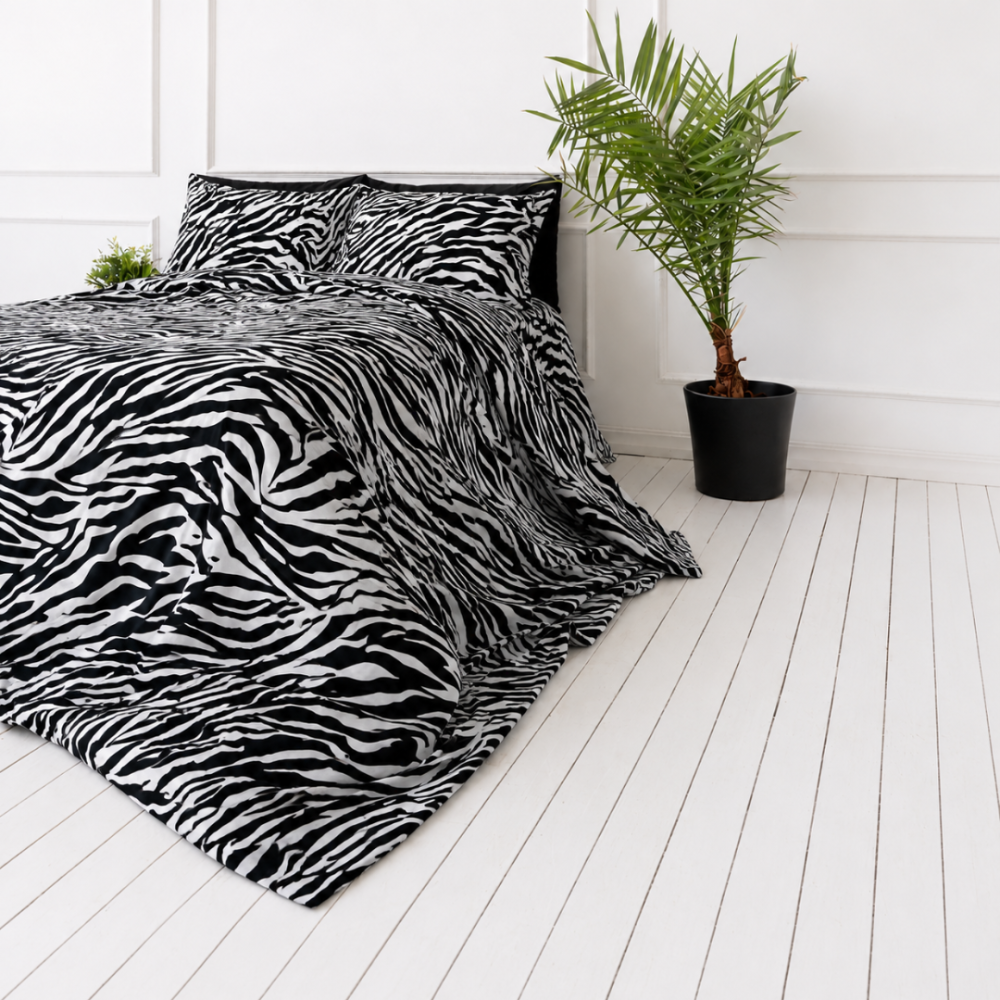 Bettwäsche set "Black Safari". Bettwäsche 155x200, 135/140x200 cm, 150x200 cm, 155/160x200 cm, 180x200 cm, 200x200 cm, 200x220 cm, 220x240 cm. Schwarz-weiße bettwäsche mit unregelmäßigen zebrastreifen Bettwäsche set "Black Safari". Bettwäsche 155x200, 135/140x200 cm, 150x200 cm, 155/160x200 cm, 180x200 cm, 200x200 cm, 200x220 cm, 220x240 cm. Schwarz-weiße bettwäsche mit unregelmäßigen zebrastreifen
