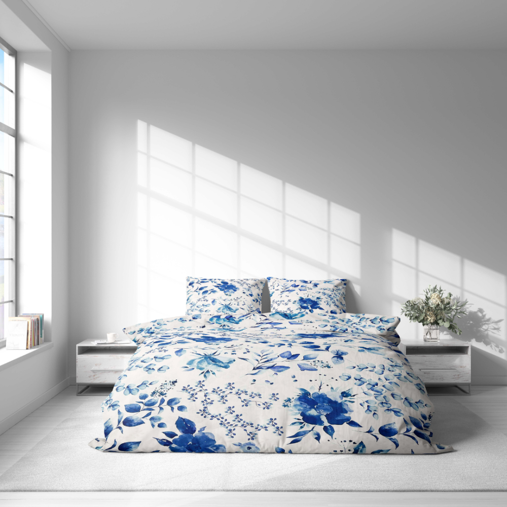 Bettwäsche set "Blue Fields". Bettwäsche Baumwolle, 135/140x200 cm, 200x200 cm, 200x220 cm. Helle farben von blumen und pflanzen, die ihrem schlafzimmer eleganz und ruhe verleihen.