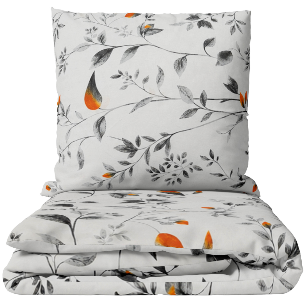 Bettwäsche set "Blushing Flora". Graue Bettwäsche, 135/140x200 cm, 200x200 cm, 200x220 cm. Weißes bettwäsche-set mit grauen pflanzenmustern und orangefarbenen akzenten. Bettwäsche set "Blushing Flora". Graue Bettwäsche, 135/140x200 cm, 200x200 cm, 200x220 cm. Weißes bettwäsche-set mit grauen pflanzenmustern und orangefarbenen akzenten.