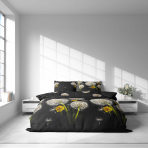 Bettwäsche set "Dandelion Night". Bettwäsche 140x200, 135/140x200 cm, 200x200 cm, 200x220 cm. Bettwäsche mit einem subtilen muster aus löwenzahn und blumen, das im kontrast zum schwarzen hintergrund steht.