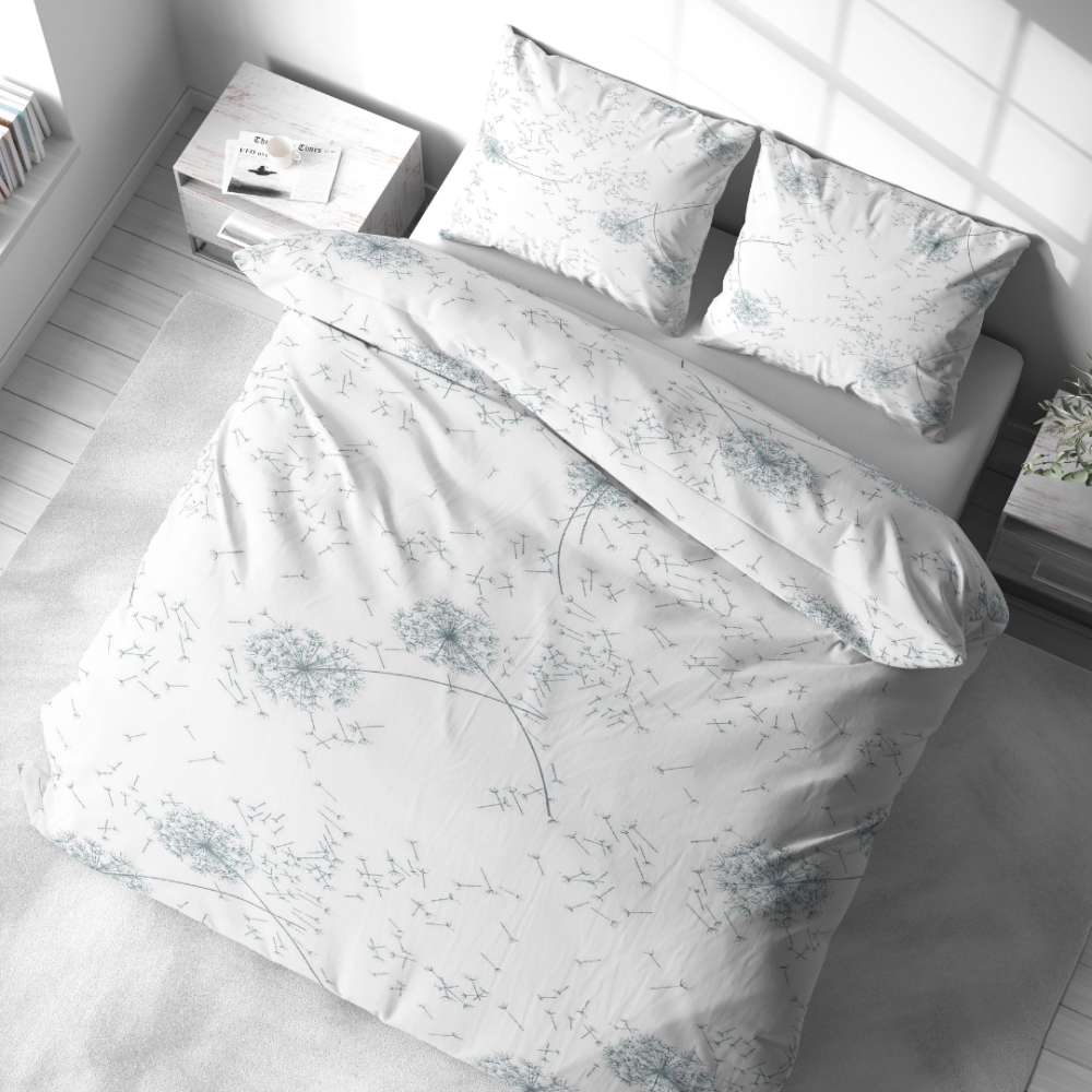 Bettwäsche set "Dandelion puff". Bettwäsche für Hotels, 135/140x200 cm, 155/160x200 cm, 200x200 cm, 200x220 cm. Charmantes weißes bettwäscheset mit silbernen pusteblumen, die über das design schweben und einen hauch von magie verleihen.