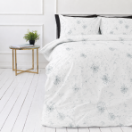 Bettwäsche set "Dandelion puff". Bettwäsche 155x200, 135/140x200 cm, 150x200 cm, 155/160x200 cm, 180x200 cm, 200x200 cm, 200x220 cm. Charmantes weißes bettwäscheset mit silbernen pusteblumen, die über das design schweben und einen hauch von magie verleihen.