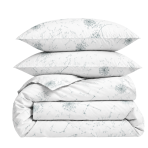 Bettwäsche set "Dandelion puff". Bettwäsche 155x200, 135/140x200 cm, 155x220 cm, 160x200 cm, 180x200 cm, 200x200 cm, 200x220 cm. Elegantes weißes bettwäscheset mit silbernen pusteblumen, das eine skurrile und heitere atmosphäre schafft.