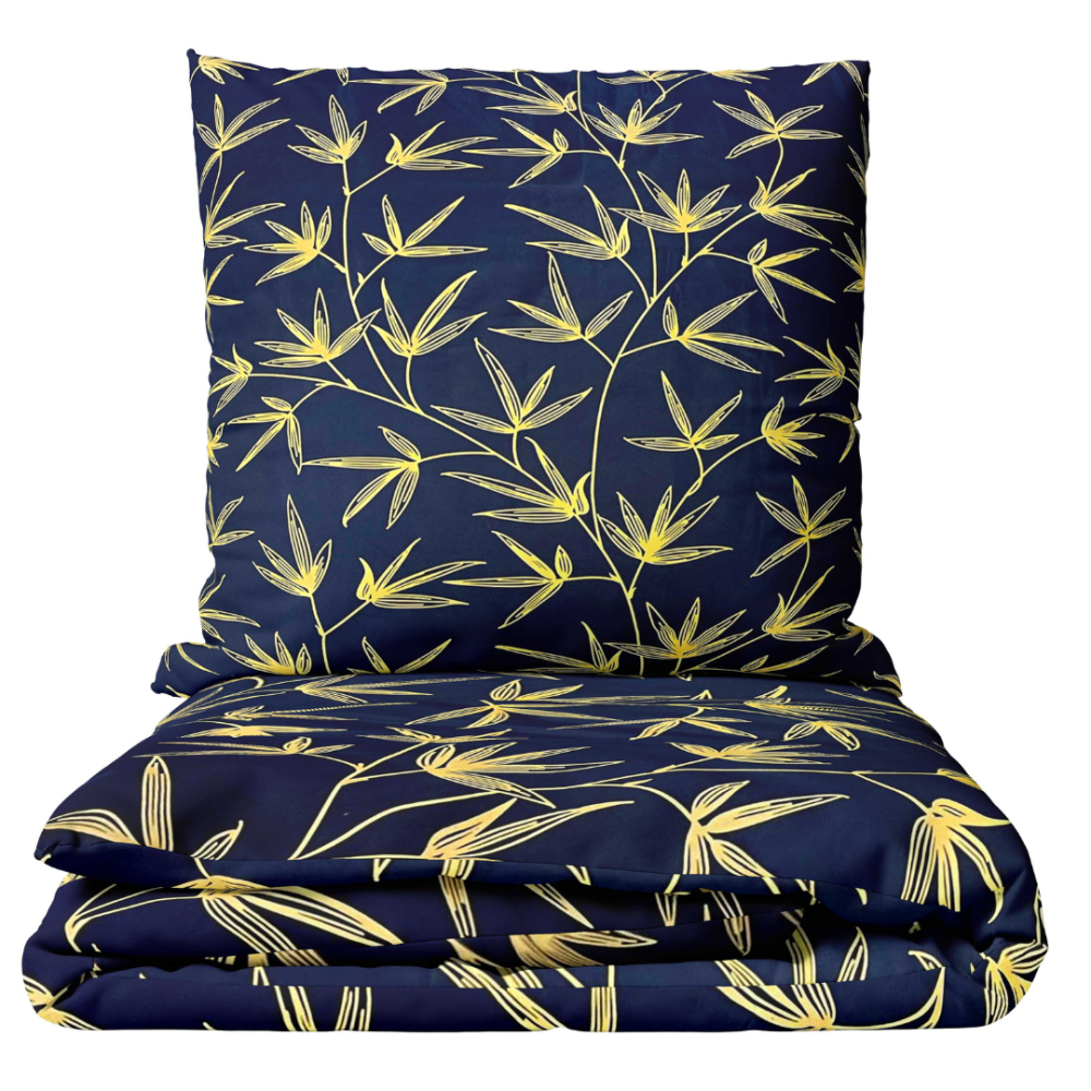 Bettwäsche set "Dawn Botanical". Bettwäsche 140x200, 135/140x200 cm, 155/160x200 cm, 200x200 cm, 200x220 cm. Dunkelblaues bettwäsche-set mit lebhaften gelben zweigen, das einen auffälligen kontrast zu ihrer schlafzimmerdekoration schafft.