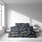 Bettwäsche set "Dawn Botanical". Bettwäsche 140x200, 135/140x200 cm, 155/160x200 cm, 200x200 cm, 200x220 cm. Elegantes dunkelblaues bettwäsche-set mit kunstvollen mustern gelber zweige, perfekt für ein stilvolles und ruhiges schlafzimmer.