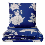 Bettwäsche set "Vast Blossom". Bettwäsche 140x200, 135/140x200 cm, 200x200 cm, 200x220 cm. Dunkelblaue bettwäsche mit übergroßen hellen blumen, die ein kühnes und elegantes blumendesign ergeben.