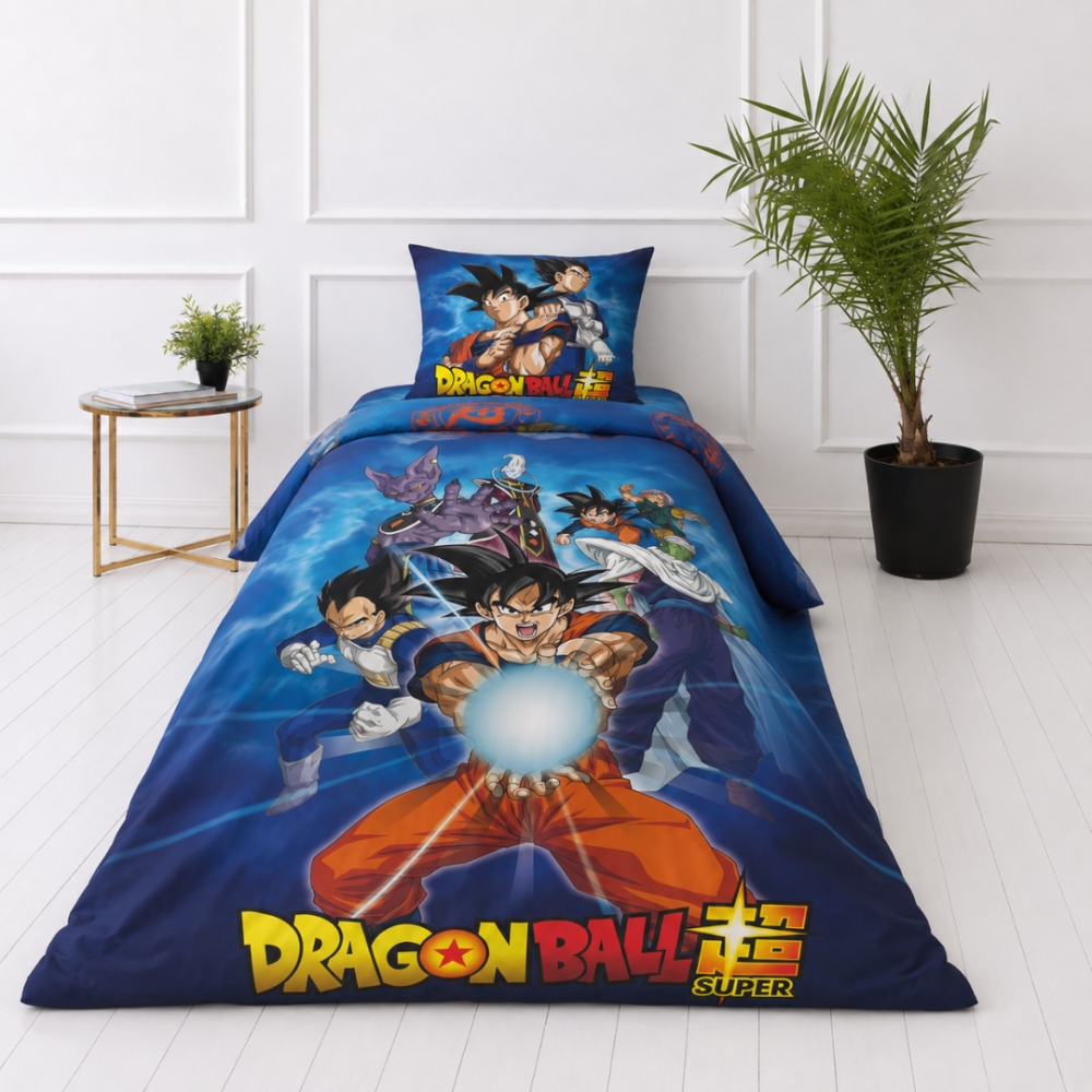 Bettwäsche set "Dragon Ball Super". Kinderbettwäsche, 135x200 cm. Wendbares blaues dragon ball super-design mit figurenmotiven und orangefarbenen, weißen und dunkelblauen symbolen