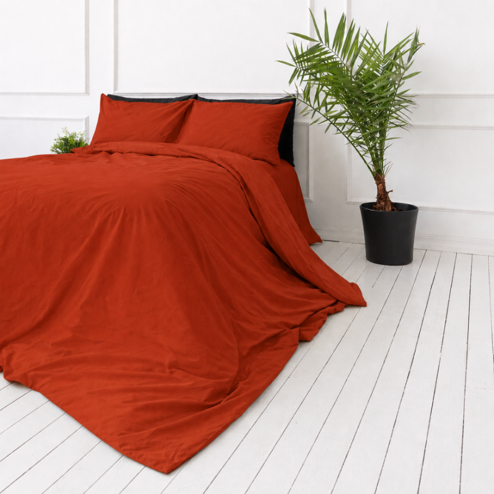 Bettwäsche set „Dry Tomato“. Bettwäsche einfarbig, 135/140x200 cm, 150x200 cm, 155/160x200 cm, 180x200 cm, 200x200 cm, 200x220 cm, 220x240 cm. Warmes bettwäsche-set in terrakotta- und getrockneten tomatentönen.
