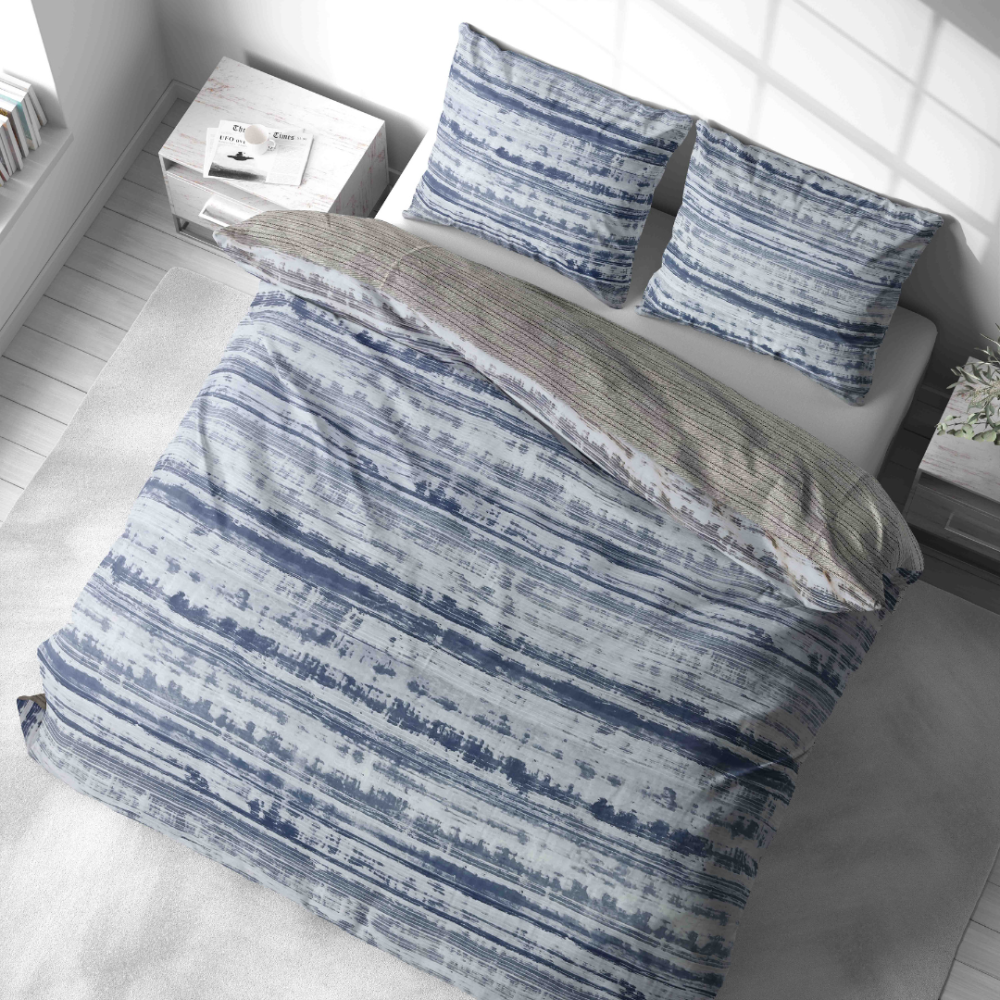 Bettwäsche set "Eden". Bettwäsche 140x200, 135/140x200 cm, 155/160x200 cm, 200x200 cm, 200x220 cm. Bettwäsche in dunkelblau und hellblau mit horizontalen linien in verschiedenen breiten für ein stilvolles, mehrschichtiges design.