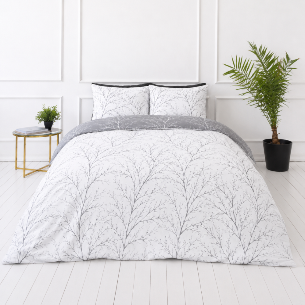 Bettwäsche set „Woodland Gray“. Gemusterte Bettwäsche, 135/140x200 cm, 200x200 cm, 200x220 cm. Bettwäsche-set mit weißem grund und grauen naturmotiven Bettwäsche set „Woodland Gray“. Gemusterte Bettwäsche, 135/140x200 cm, 200x200 cm, 200x220 cm. Bettwäsche-set mit weißem grund und grauen naturmotiven