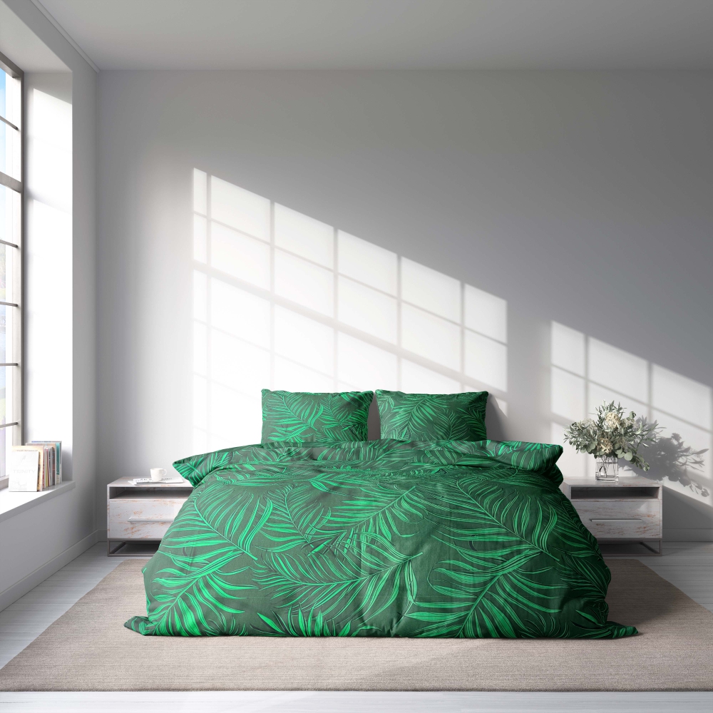 Bettwäsche set "Fern". Bettwäsche 140x200, 135/140x200 cm, 155/160x200 cm, 200x200 cm, 200x220 cm, 220x240 cm. Beruhigende grüne bettwäsche mit großen farnmotiven, die die natur ins haus holen