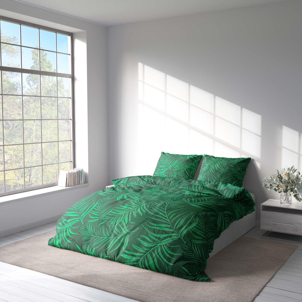 Bettwäsche set "Fern". Bettwäsche 140x200, 135/140x200 cm, 155/160x200 cm, 200x200 cm, 200x220 cm, 220x240 cm. Bettwäsche-set mit auffälligem farnmuster auf tiefgrünem hintergrund