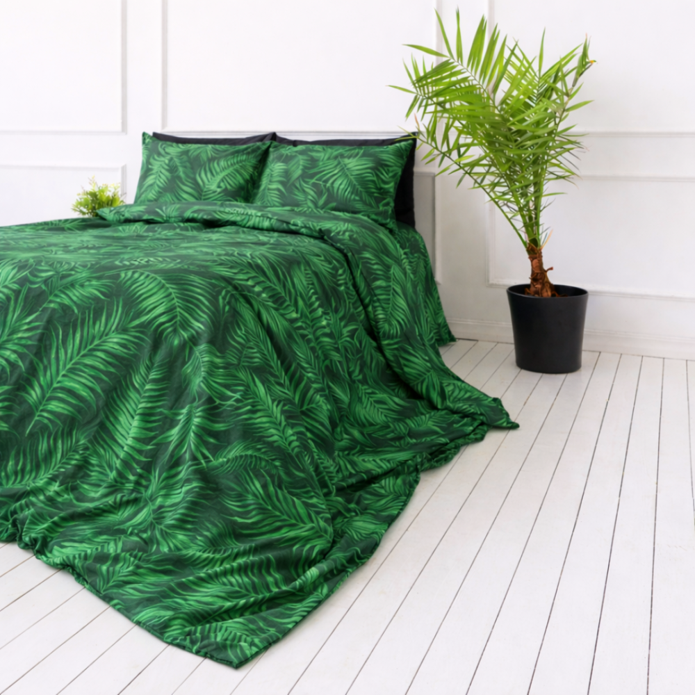 Bettwäsche set "Fern". Bettwäsche mit Pflanzen, 135/140x200 cm, 150x200 cm, 155/160x200 cm, 180x200 cm, 200x200 cm, 200x220 cm. Beruhigende grüne bettwäsche mit großen farnmotiven, die die natur ins haus holen