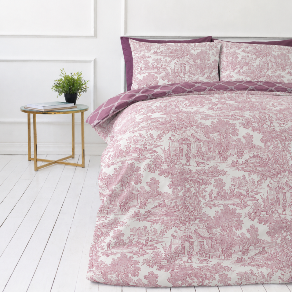 Bettwäsche set "Fiery". Lila Bettwäsche, 135/140x200 cm, 200x200 cm, 200x220 cm. Satte violett- und lavendelfarbene gitterkomposition mit ornamentalen blütenverknüpfungen.