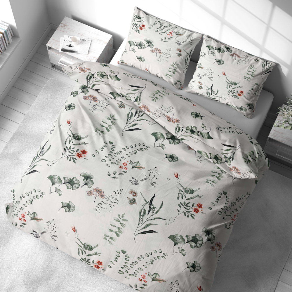Bettwäsche set "Florescence". Bettwäsche Baumwolle, 135/140x200 cm, 200x200 cm, 200x220 cm. Bettwäsche-set mit subtilen grünen und roten pflanzenmustern, das ihrem schlafzimmer eine sanfte und ruhige atmosphäre verleiht.
