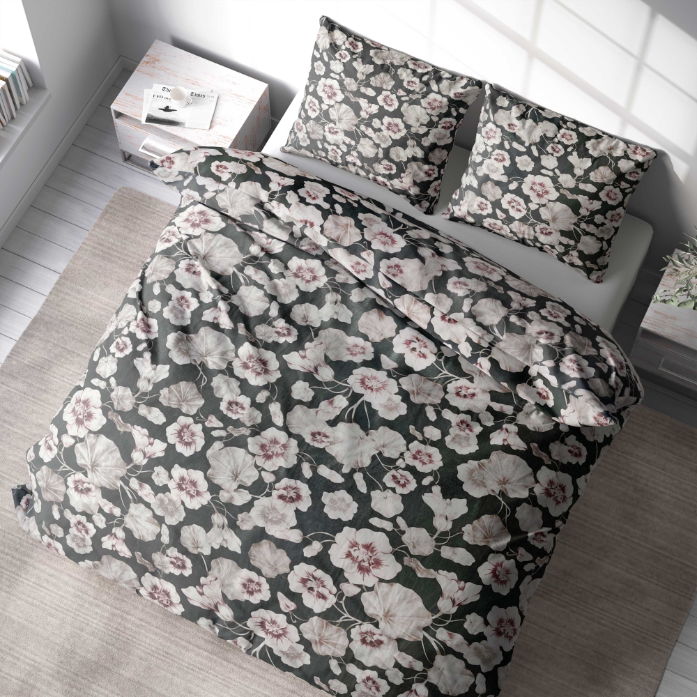 Bettwäsche set "Floret". Bettwäsche 140x200, 135/140x200 cm, 155/160x200 cm, 200x200 cm, 200x220 cm, 220x240 cm. Schicke dunkelgraue bettwäsche mit zarten bräunlichen blütenblättern verziert.