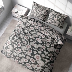 Bettwäsche set "Floret". Bettwäsche 140x200, 135/140x200 cm, 155/160x200 cm, 200x200 cm, 200x220 cm, 220x240 cm. Schicke dunkelgraue bettwäsche mit zarten bräunlichen blütenblättern verziert.