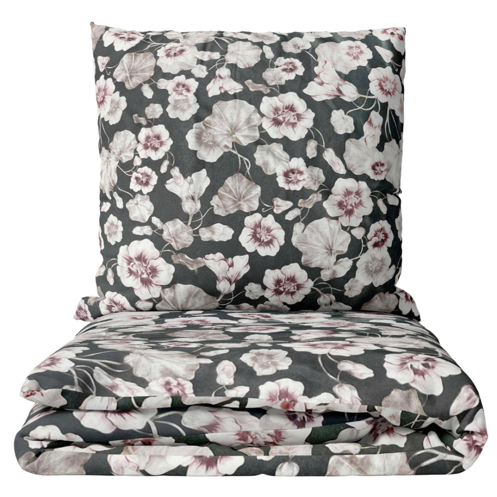 Bettwäsche set "Floret". Bettwäsche 140x200, 135/140x200 cm, 155/160x200 cm, 200x200 cm, 200x220 cm, 220x240 cm. Elegante dunkelgraue bettwäsche mit verschlungenem bräunlichem blütenblattmuster.