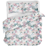 Bettwäsche set "Flowery Mosaic". Bettwäsche 140x200, 135/140x200 cm, 200x200 cm, 200x220 cm. Bettwäscheset mit buntem blumenmuster auf weißem hintergrund – rosa, blau und grün dominieren.