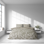 Bettwäsche set "Folk Harmony". Bettwäsche 140x200, 135/140x200 cm, 200x200 cm, 200x220 cm. Grüne und weiße blumen mit ethnischen mustern auf sandfarbenem bettwäsche-set, das eine ruhige atmosphäre schafft.