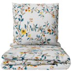 Bettwäsche set "Garden Bliss". Gemusterte Bettwäsche, 135/140x200 cm, 200x200 cm, 200x220 cm. Weißes bettwäsche-set mit farbigem botanischem zweig- und blumenmuster.