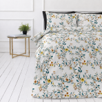 Bettwäsche set "Garden Bliss". Gemusterte Bettwäsche, 135/140x200 cm, 200x200 cm, 200x220 cm. Helles bettwäsche-set mit blaugrünen blättern und gelben blüten.