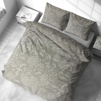 Bettwäsche set "Grandiflora". Bettwäsche 140x200, 135/140x200 cm, 200x200 cm, 200x220 cm. In der komposition dominiert ein grauer hintergrund mit dezenten weißen pflanzenelementen, die dem muster eine elegante leichtigkeit verleihen.