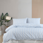 Bettwäsche set "Helene". Bettwäsche Baumwolle, 135/140x200 cm, 200x200 cm, 200x220 cm. Bettwäsche in hellen farbtönen mit eleganten hellblauen und weißen streifen, die den charme ihres schlafzimmers unterstreichen.