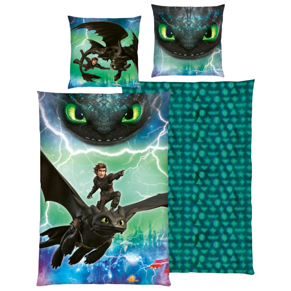 Bettwäsche set "How to train your dragon“. Kinderbettwäsche, 135x200 cm. Blaugrünes bettwäsche-set mit schwarzem drachen und leuchtend grünen augen. Bettwäsche set "How to train your dragon“. Kinderbettwäsche, 135x200 cm. Blaugrünes bettwäsche-set mit schwarzem drachen und leuchtend grünen augen.