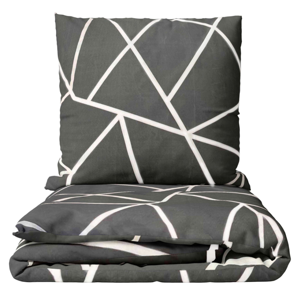 Bettwäsche set "Infiniel". Bettwäsche 140x200, 135/140x200 cm, 155/160x200 cm, 200x200 cm, 200x220 cm, 220x240 cm. Dunkelgraue bettwäsche mit weißen linien, die sich in verschiedenen richtungen kreuzen und einen modernen und anspruchsvollen look erzeugen.